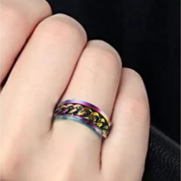 NWT AB Rainbow Oil Spill Stainless Steel Spinner Ring Size 9 - Picture 6 of 7